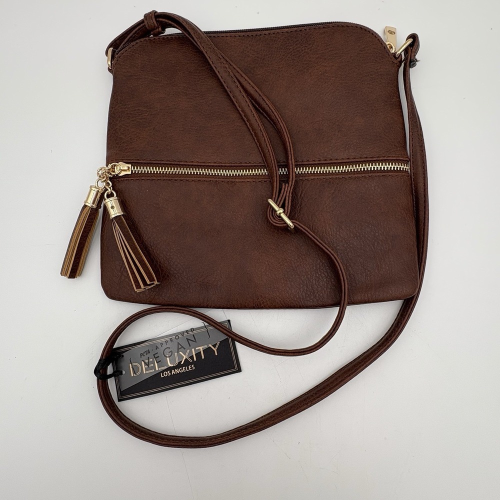 Deluxity Vegan Leather Crossbody Bag Brown‎ Adjustable Strap Tassel NWT
